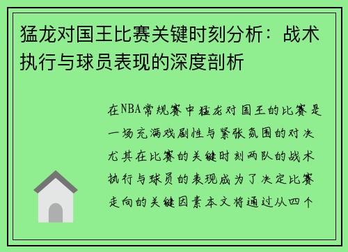 猛龙对国王比赛关键时刻分析：战术执行与球员表现的深度剖析