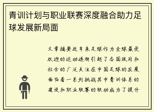 青训计划与职业联赛深度融合助力足球发展新局面